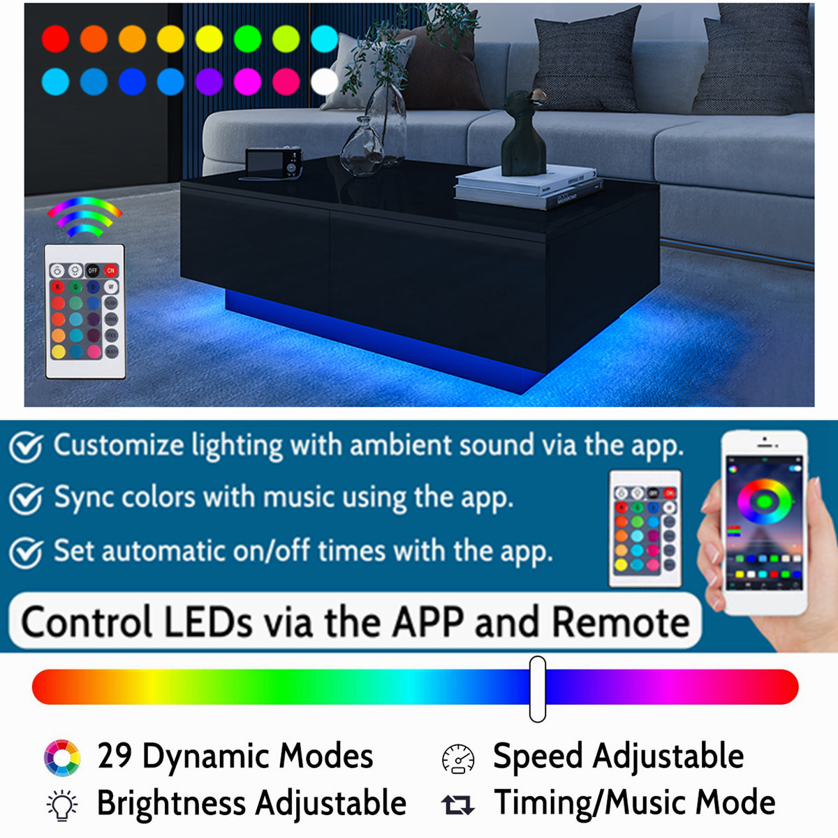 LED Coffee Table with 4 Drawers Center Cocktail Side Table Black High Gloss Finish