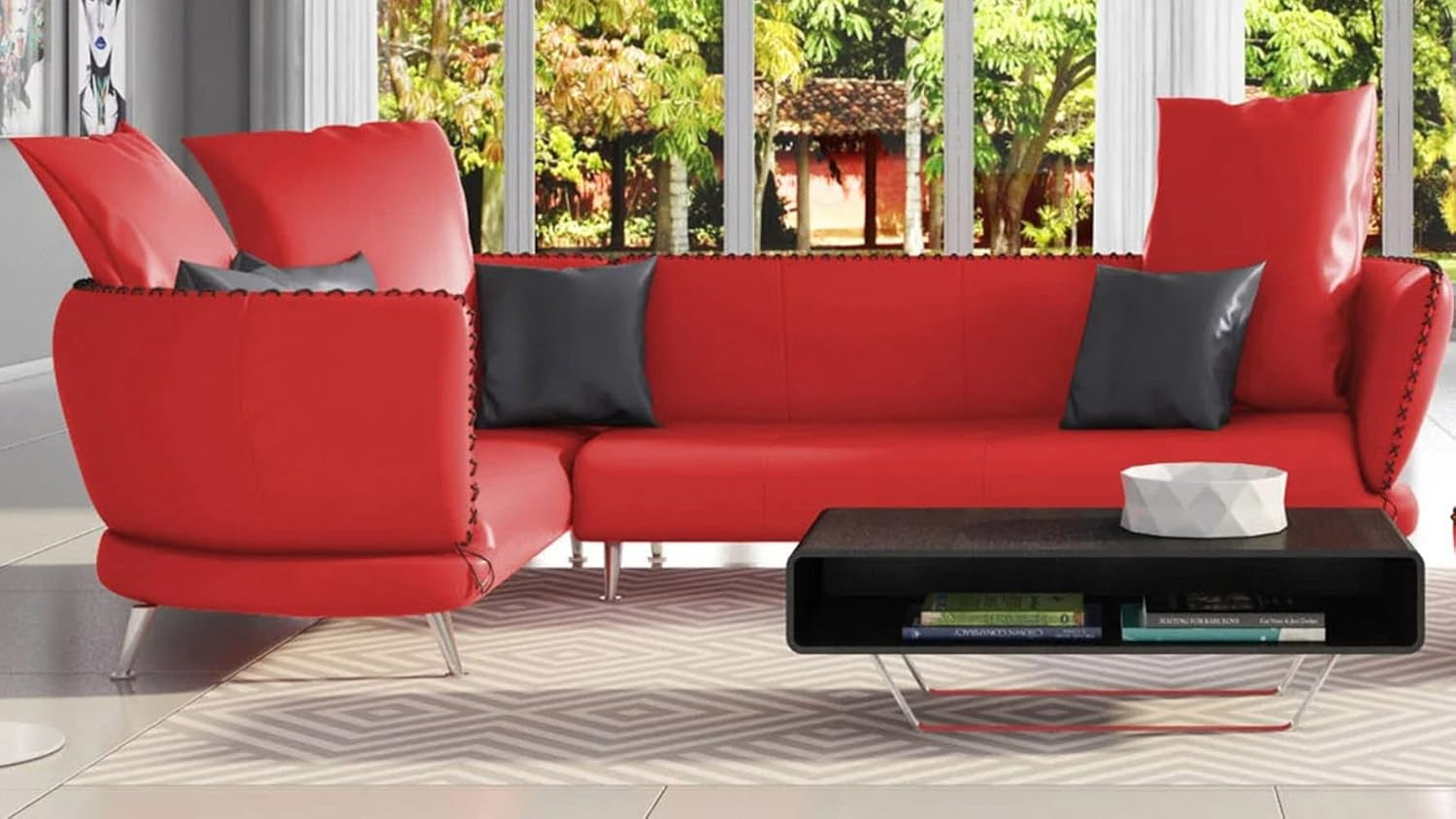 Modern Vitali Red Microfiber Leather Sectional - Left Corner