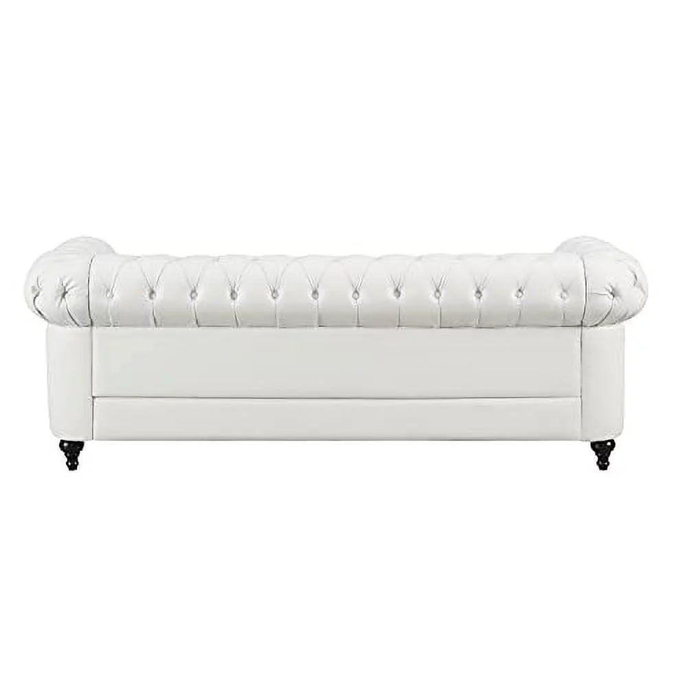 2 Piece Living Room Set, Faux Leather Chesterfield Sofa & Chair, Deep Button Tufted with Rolled Arms, Home Furniture - Include 3-Seater Couch and Single Chair, White