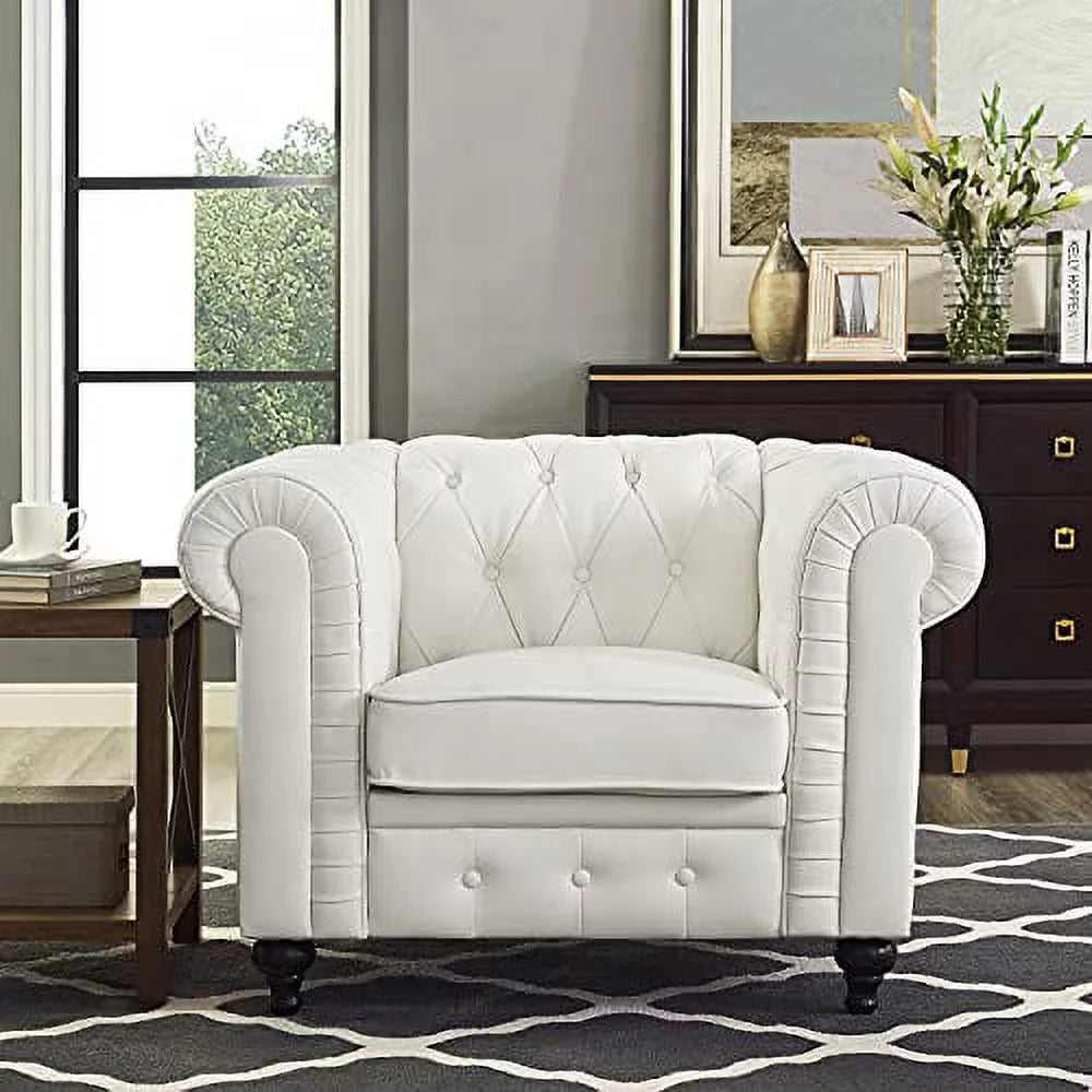 2 Piece Living Room Set, Faux Leather Chesterfield Sofa & Chair, Deep Button Tufted with Rolled Arms, Home Furniture - Include 3-Seater Couch and Single Chair, White