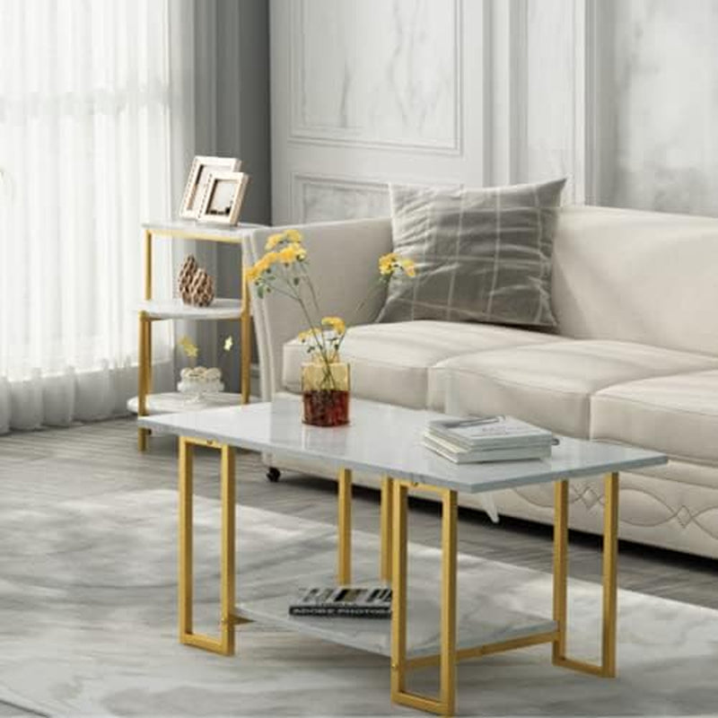 3 Piece Coffee Table Set for Living Room, Include Coffee Table & 2Pcs Side Table, Living Room Table Set with Faux Marble Tabletop and Metal Frame for Apartment, Small Space