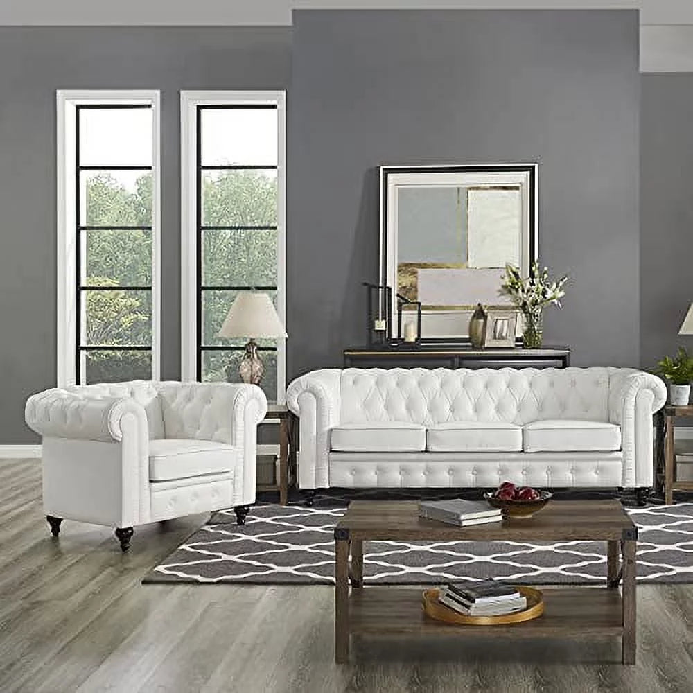 2 Piece Living Room Set, Faux Leather Chesterfield Sofa & Chair, Deep Button Tufted with Rolled Arms, Home Furniture - Include 3-Seater Couch and Single Chair, White