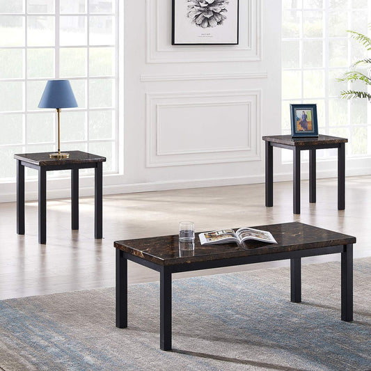 3 Pieces Faux Marble Tabletop, Traditional Coffee Set with Black Metal Frame, Sofa Side Tables Perfect for Living Room Accent Furniture