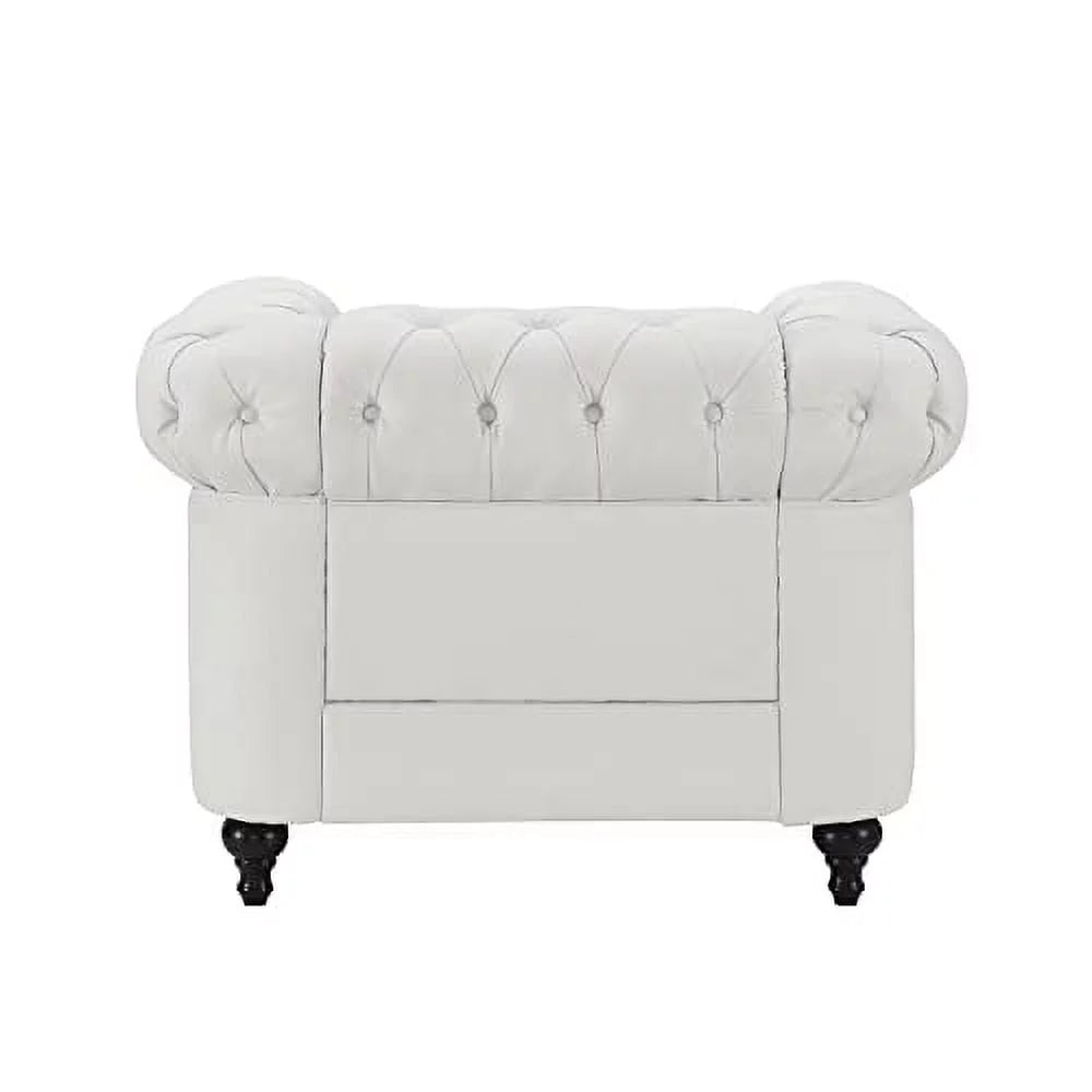 2 Piece Living Room Set, Faux Leather Chesterfield Sofa & Chair, Deep Button Tufted with Rolled Arms, Home Furniture - Include 3-Seater Couch and Single Chair, White