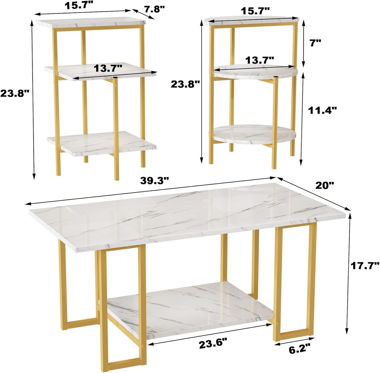 3 Piece Coffee Table Set for Living Room, Include Coffee Table & 2Pcs Side Table, Living Room Table Set with Faux Marble Tabletop and Metal Frame for Apartment, Small Space