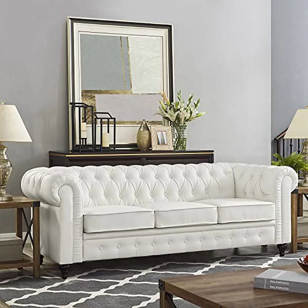 2 Piece Living Room Set, Faux Leather Chesterfield Sofa & Chair, Deep Button Tufted with Rolled Arms, Home Furniture - Include 3-Seater Couch and Single Chair, White