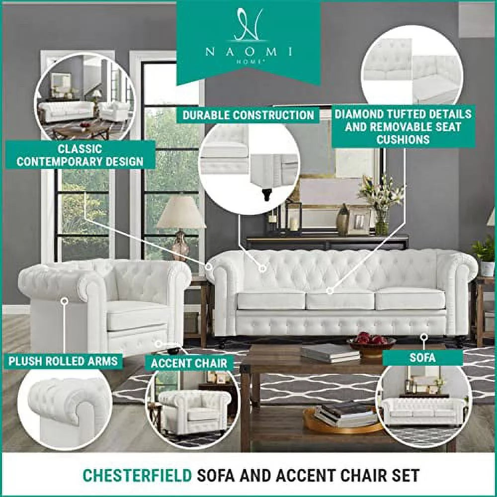 2 Piece Living Room Set, Faux Leather Chesterfield Sofa & Chair, Deep Button Tufted with Rolled Arms, Home Furniture - Include 3-Seater Couch and Single Chair, White